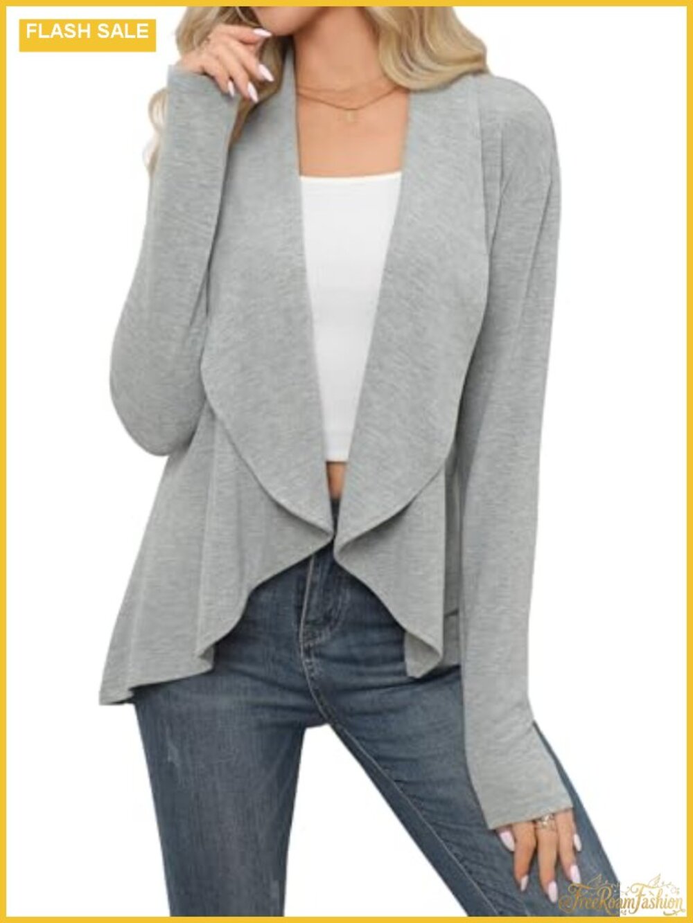 Women's Open Front Knit Cardigan Long Sleeve Shawl Collar Ruffled Hem Casual
